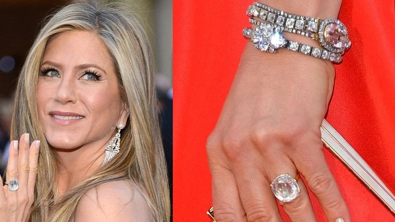 Collage of Jennifer Aniston and her hand wearing diamond tennis bracelet